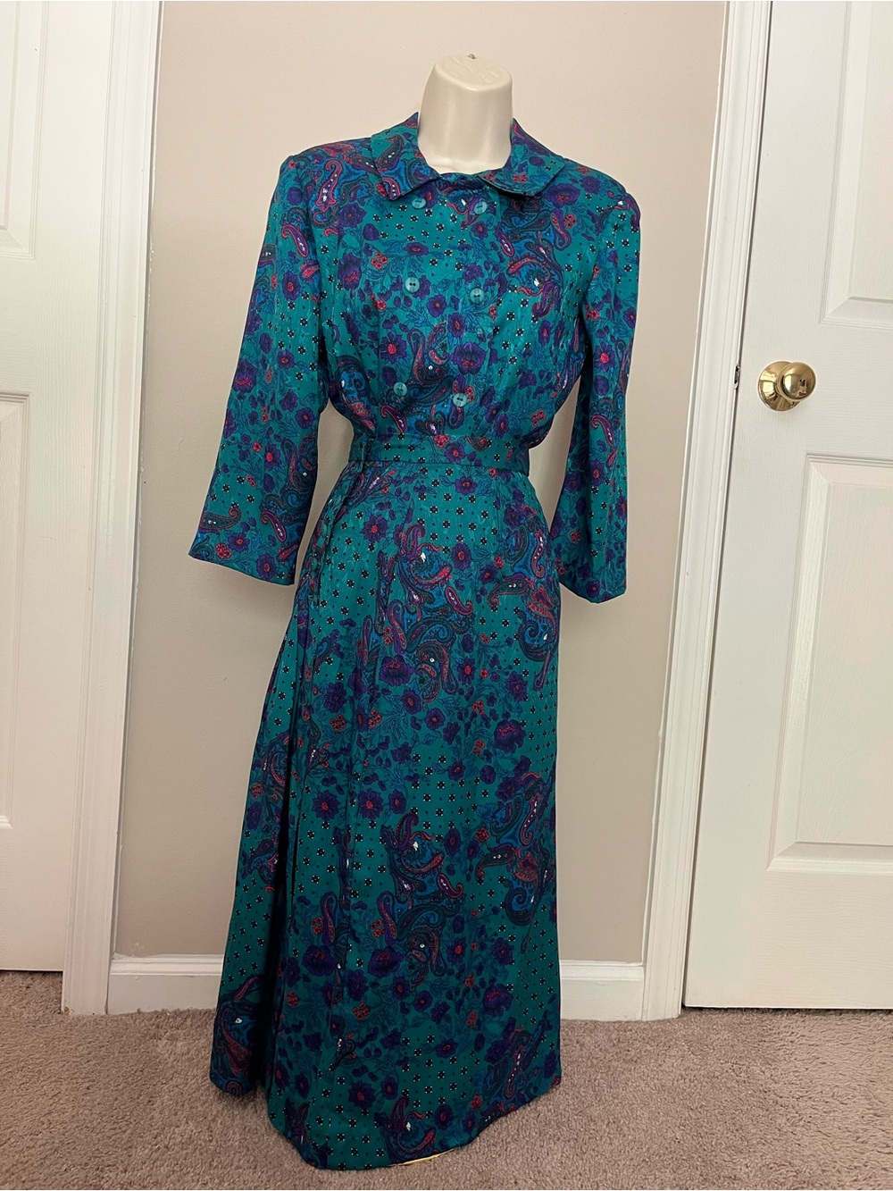 Vintage Retro 80s 2 piece Top and Skirt dress set paisley teal, blue, pink, and